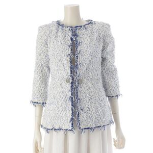 Chanel Nylon Cotton Blend Lamé Tweed Collarless Jacket P58634 White Blue 34